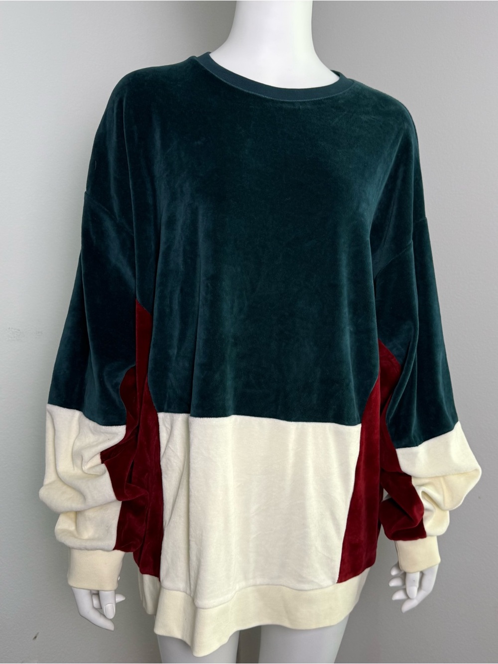 ASOS Velvet Colorblock Crew Sweater in Forest Green, Cream & Burgundy